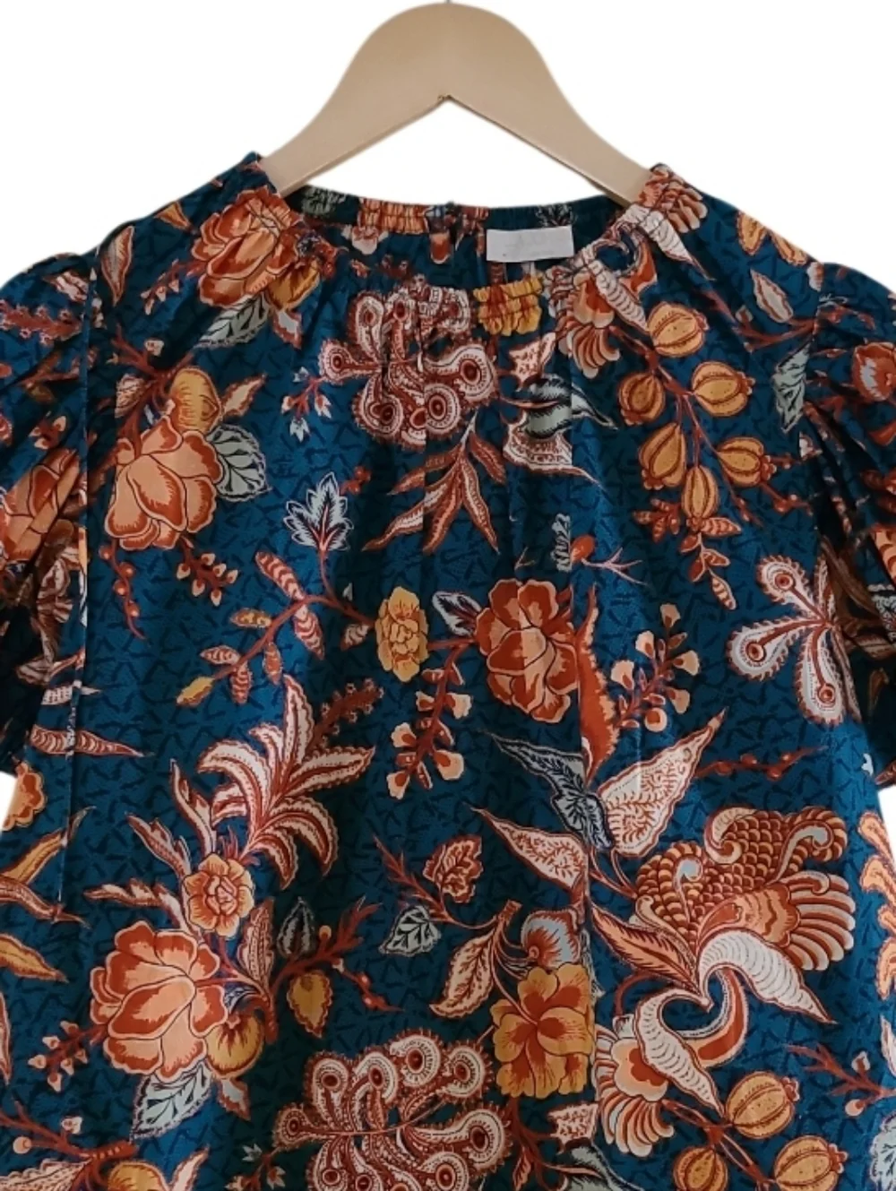 Ulla Johnson Frances Top Floral Puff-Sleeve 100% Cotton Blouse Deep Teal Orange